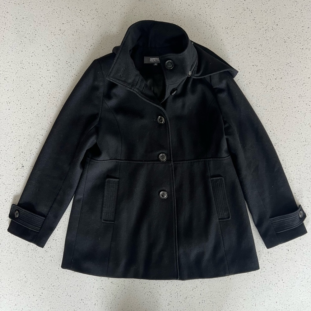 Kenneth Cole Reaction Black Wool Coat with Hood - Size 14